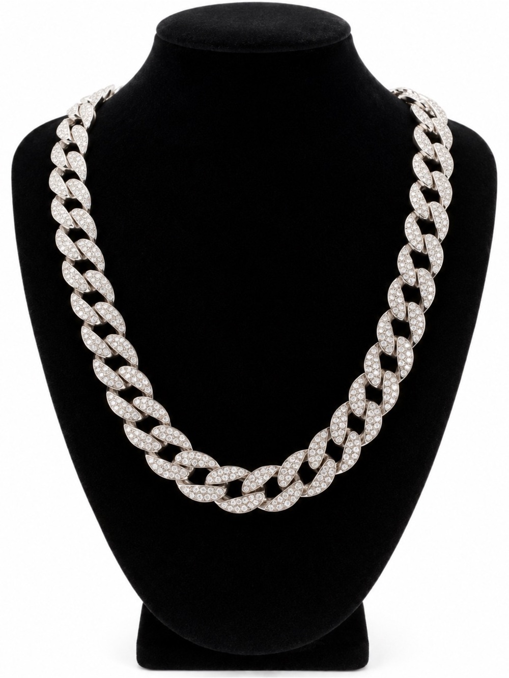 Paved 20 Inch Cuban Link Necklace - Sparkling Silver Tone